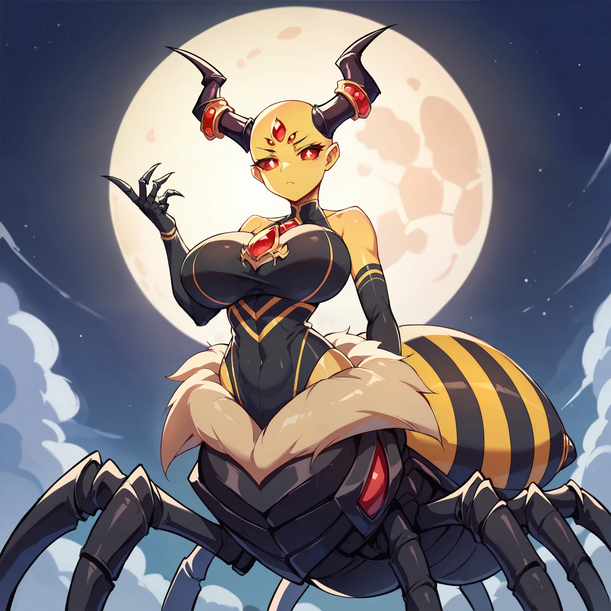 solo, female, drider, spider body, mecha black arachnid taur, 8 spider black legs, black and yellow demon's_horns, bald, yellow body, yellow skin, red gem on the chest, red-eyes, white pupils, bee_wings, wasp_body, wasp_abdomen, big breasts, detailled face, late night, post apocalypse, score_9,score_8_up,score_7, source anime, post-apocalypse, crumbling city on background, late night, moon, dark alleyway, unimpressed, seductive, ,score_9, score_8_up, score_7_up, score_6_up, 