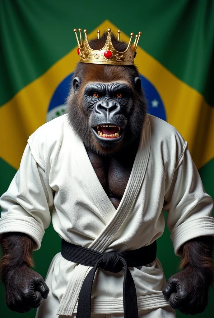 Adult gorilla in white kimono, black Belt, crown on head, furious face, no dojo, Brazilian flag in the background