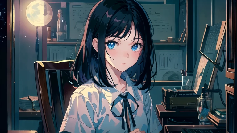 Create an illustration of a girl with black hair and blue eyes, sitting in a chair in front of a desk, Sentimental, Introspective look。, The moonlight gently shines into the room, Gently illuminate the space, Curtains sway in the wind, Increase tranquility, Dark mood, Emphasise the theme of loneliness, silence, And the depths of night, The room is dark、dimly lit by the moonlight