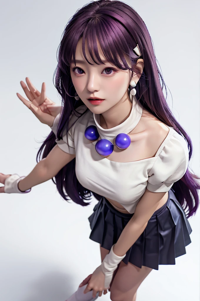masterpiece, best quality, high resolution, Yes 1, , Long hair, scarf, Long hair, necklace, earrings, White Strapless Bikini, White socks, , Pleated Skirt, Large target , Fluffy short sleeves, White sleeves, White wristband, whole body, Oyama Background, , Cross your legs, Top view,Standing