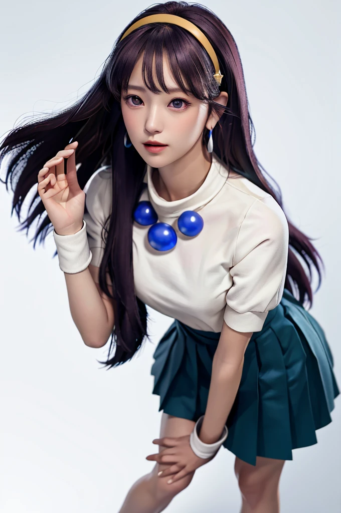 masterpiece, best quality, high resolution, Yes 1, , Long hair, scarf, Long hair, necklace, earrings, White Strapless Bikini, White socks, , Pleated Skirt, Large target , Fluffy short sleeves, White sleeves, White wristband, whole body, Oyama Background, , Cross your legs, Top view,Standing
