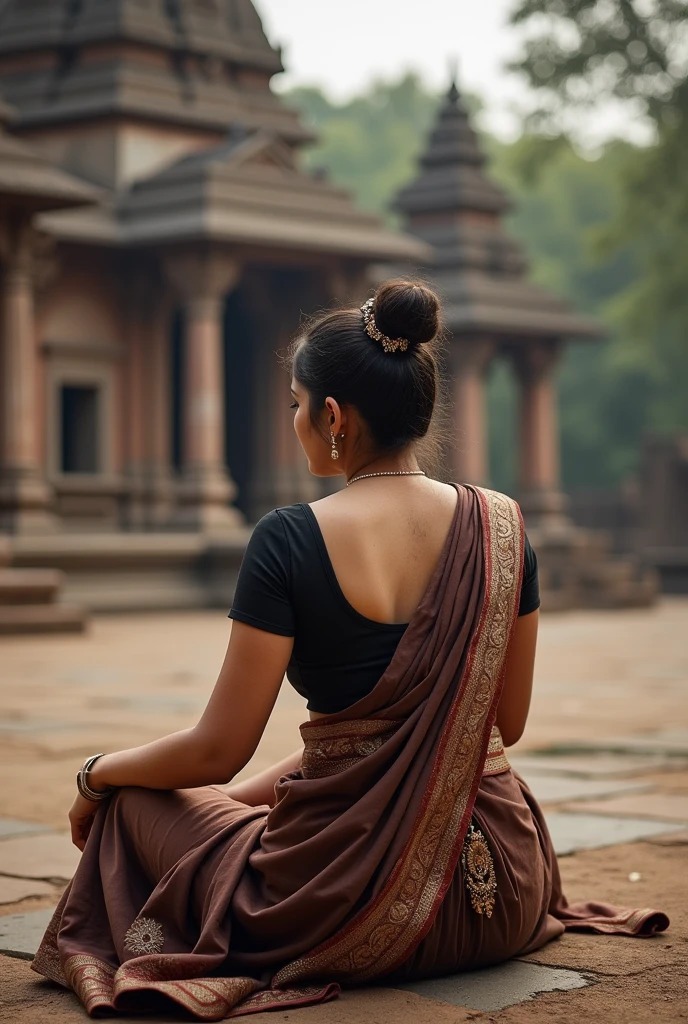 Indian girl big boobs wearing chocolaty saree black blouse bun hair sindoor in hair sitting infront of big temple temple showing full 