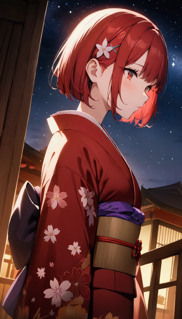 short hair, (Red hair:1.2), x Hair ornament, Red eyes,girl,One person,kimono, Highest quality, masterpiece, High resolution,night、Japan、Japanese style、Starry Sky、
