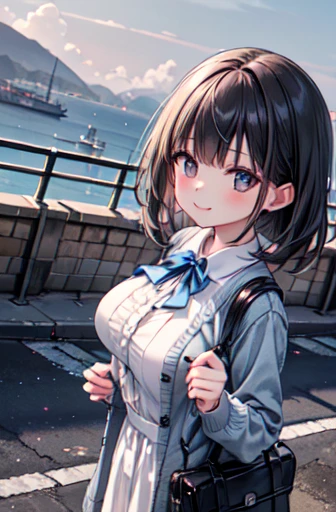 very cute and beautiful girl,(Very exquisite beautiful face and eyes),
A white summer dress with fine lace and frills,(Navy blue bolero cardigan),Are standing,Large Breasts、
On the side of the road in a seaside town,port,Marina,Beautiful summer sky,
(smile),Black Hair,Mid Shot,Carrying a cute fashion bag,Leg details,
(Highest quality,masterpiece),Absurd,High resolution,Very detailed,Very detailed,32K,8k resolution,
Intricate details,Movie Scenes,Detailed Background,alone,Dynamic Angle,