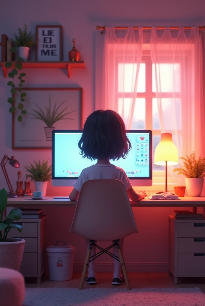 Cute lofi girl in front of his computer in her cozy and messy room, unreal engine 5 render, gorgeous lighting, cute pastel hues, 8k render, realistic scenic render.