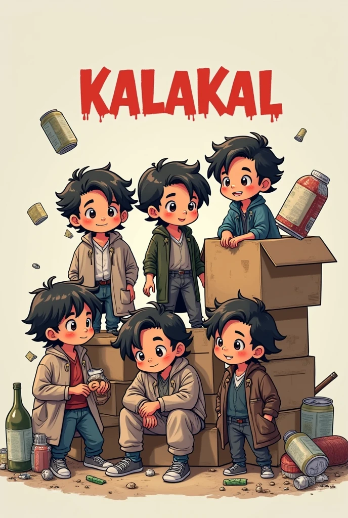6 handsome beggar attire(6 chibi grown men)
Cans, bottle, clothes, box, etc.
Write the word "KALAKAL"
