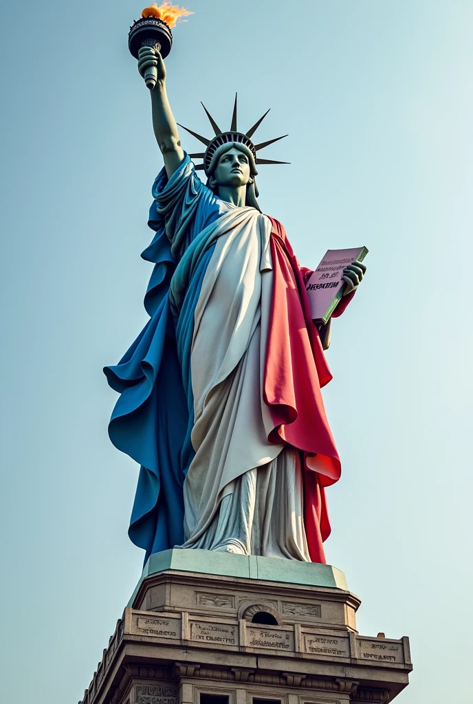 Create a statue that honors women and integrates elements of the French Flag and the Statue of Liberty. The base of the statue could be a sturdy column with details in blue, white and red, reflecting the colors of the French flag. The central figure would be a stylized woman, who stands with a countenance of dignity and strength, dressed in a cloak that incorporates the pattern of the flag. She would hold a torch similar to that of the Statue of Liberty, but with flames that would represent diversity and feminine strength. She would wear a crown of stars that symbolizes the European Union and freedom. Around the base, there could be inscriptions in various languages celebrating women's contributions to society and culture. This statue would serve as a symbol of freedom, equality and the importance of women in the modern world.