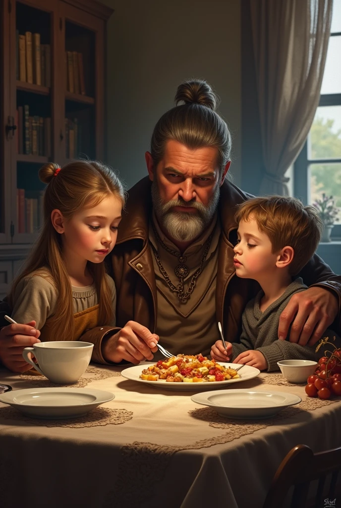 Image of a warrior father,he is sitting in the chair having dinner with his daughter and son