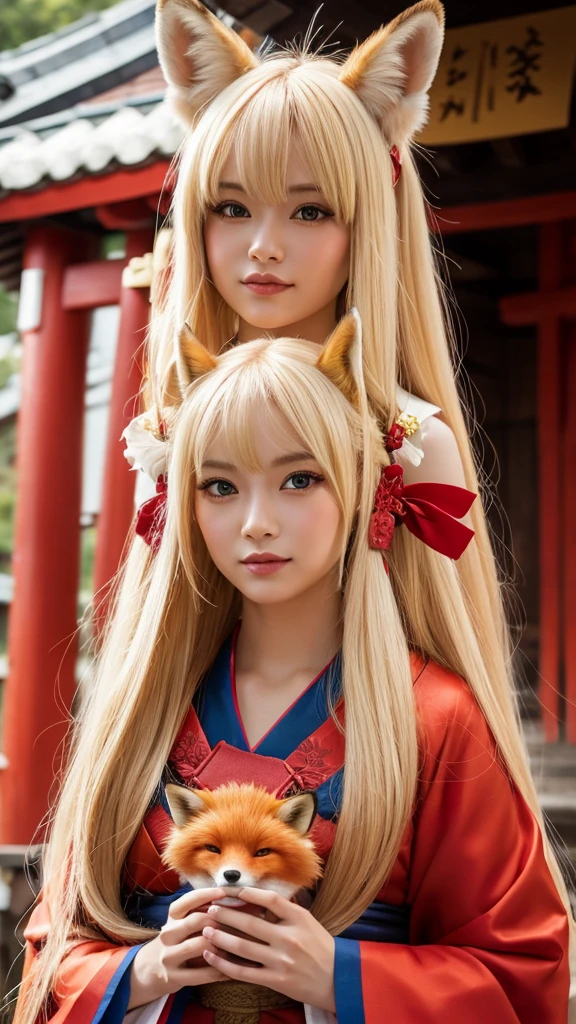 Female fox monster、Blonde and long-haired、Wearing a shrine maiden's outfit、Anime-inspired touch、Red and sharp eyes