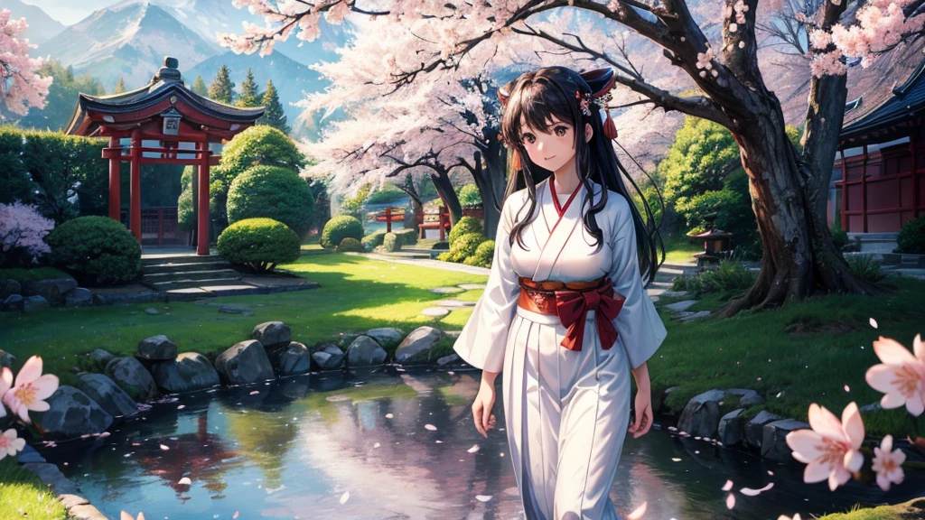 masterpiece, Highest quality, ultra-detaileded, figure, alone, extremely cute, Teen, Outdoor, morning, Japanese Shrines, Shrine maiden, Shrine maiden服, White Chihaya, (red long hakama:1.2), (Cherry Blossom:1.3), Cherry Blossom hair accessory, Black Hair, Long Hair, walk, nature, Mountain, beauty, cute, Red Torii Gate, sunny, relax, comfortable, Global warming, (Spring flower:1.1), smile, Fantasy, imagine上の, Mythologically, Shadows, Shiny, dynamic, alive, landscape, peaceful, Calm, quiet, quiet, Intuition, Adaptability, creativity, imagine, Artistry, Inspiration, sense of awe, wonder, grateful, grateful, fun, Mindfulness, consciousness, connection, Harmony, balance, texture, detailed, realism, depth, perspective, composition, color, Light, Shadow, reflection, refraction, tone, Contrast, prospect, Middle Way, background, nature主義的な, Figurative, Expressive, Impressionist, Expressionistic, Abstract, Innovative, Experimental, Individuality,