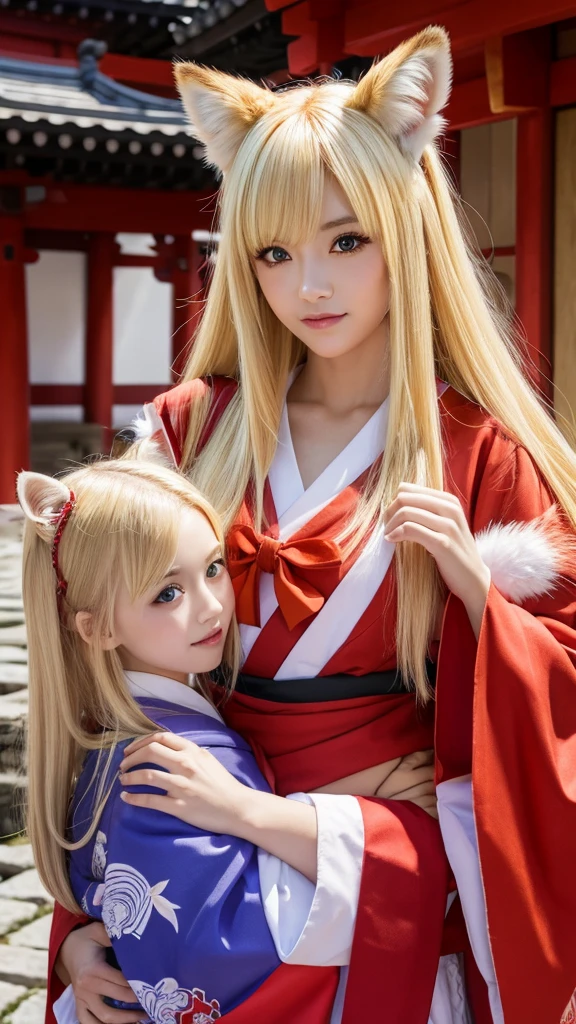 Female fox monster、Blonde and long-haired、Wearing a shrine maiden's outfit、Anime-inspired touch、Red and sharp eyes