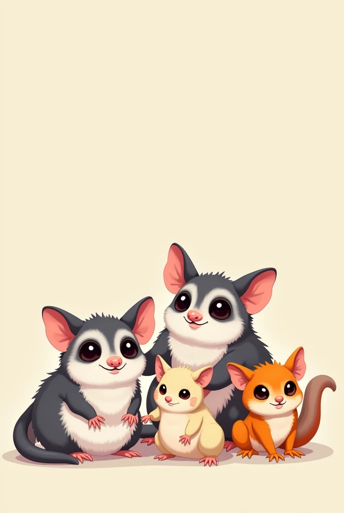 Four big white face grey sugar gliders, one whiteout gecko, one caramel gecko, clean background, cartoon