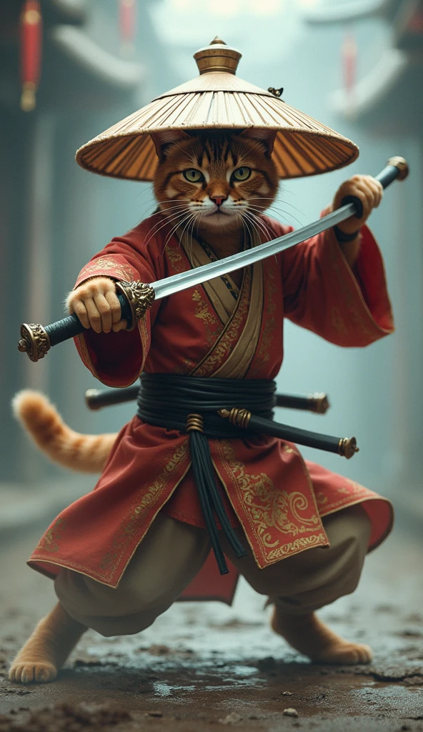 Create an image of a cat standing upright in traditional East Asian attire, wearing a wide bamboo hat on the head, wielding a sword with its right paw extended forward in an assertive stance ( Quickly running and falling to one side ), set against a misty backdrop to convey an atmosphere of ancient martial arts mastery.