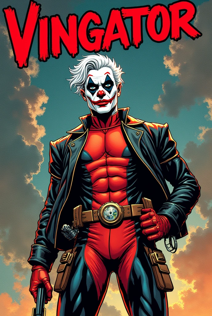 Old style marvel comic book cover ,with a character with clothes deadpool jumpsuit joker jacket face with clown makeup white hair, with title of "vingator"