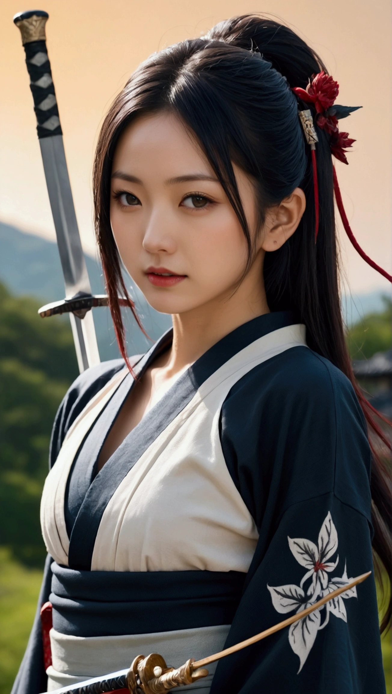 (Japanese sword &reference;Muramasa 2&reference;.2)Beautiful 27 year old woman、Japanese women、Tie your hair back、Hair ornament artist、Shinobi Costume、Warrior、Clear Eyes、{Arm tattoo(SakuraFubuki}'Tattoo on the back、Warrior、(Japanese swordを両手で構える、1.3)(Japanese sword1.2)Intermediate position、whole body、A long-edged sword、Realistic battle scenes、敵Warriorの返りBlood、Blood、High resolution、Highest quality、Very detailed、8k、background、The castle is burning、Sparks fly、