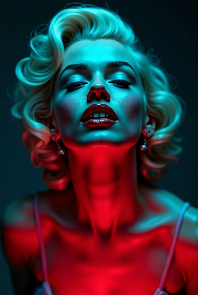 Marilyn Monroe with blue-green lights illuminating most of it and red lights coming from below in a studio with an empty background