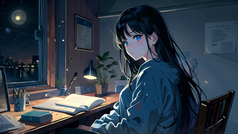 Create an illustration of a girl with black hair and blue eyes, sitting in a chair in front of a desk, Sentimental, Introspective look。, The moonlight gently shines into the room, Gently illuminate the space, Curtains sway in the wind, Increase tranquility, Dark mood, Emphasise the theme of loneliness, silence, And the depths of night, The room is dark、dimly lit by the moonlight