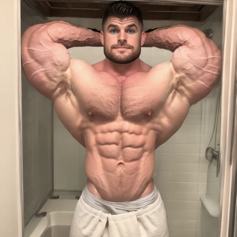 Handsome white man, 30 years old, hairy body, bodybuilder, barechested, (white towel around his waist), (front view:1.2), still pose, short beard, serious face, wet hair, wet body, soaked, well-framed, hunky, lean and ripped, rippling chest, (human:1.7), Clark