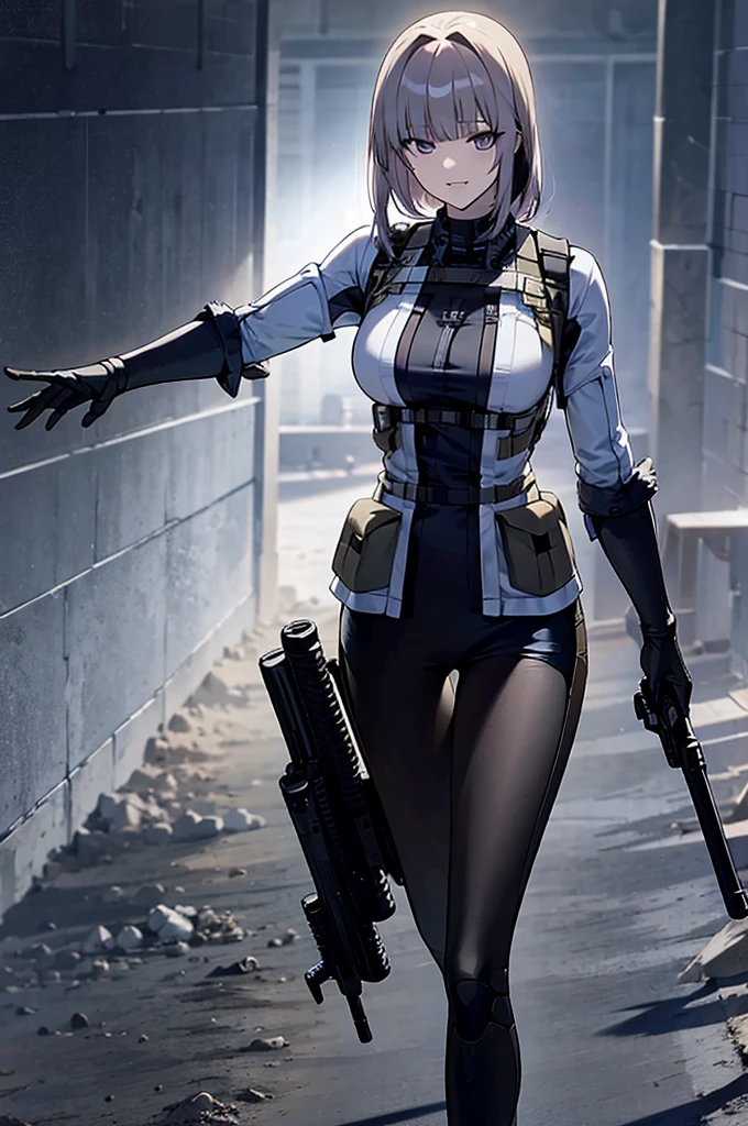 Holding_gun, assault_rifle, Very detailed, Brown Hair, Anime Style, whole body, alone, Stylish Gunfighter Girl, スチームパンクの長gun身ピストルを持っている,Standing in the Wilderness, 8K high resolution, White Background, Get noticed, The background is a dark and desolate landscape, Horror movie atmosphere. Her figure is very beautiful, Emphasizing the dark and crazy elements. Skillfully expressing the effects of light and shadow
