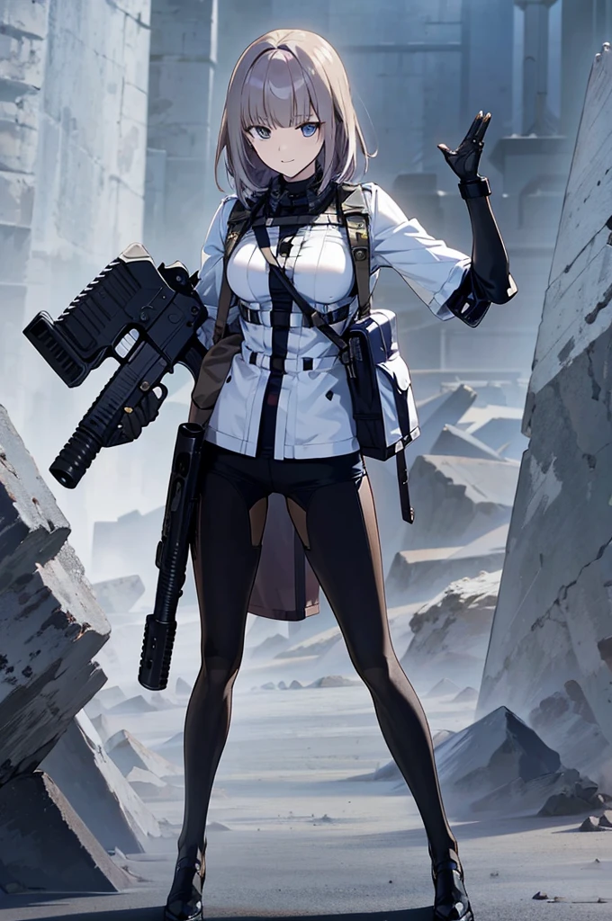 Holding_gun, assault_rifle, Very detailed, Brown Hair, Anime Style, whole body, alone, Stylish Gunfighter Girl, スチームパンクの長gun身ピストルを持っている,Standing in the Wilderness, 8K high resolution, White Background, Get noticed, The background is a dark and desolate landscape, Horror movie atmosphere. Her figure is very beautiful, Emphasizing the dark and crazy elements. Skillfully expressing the effects of light and shadow