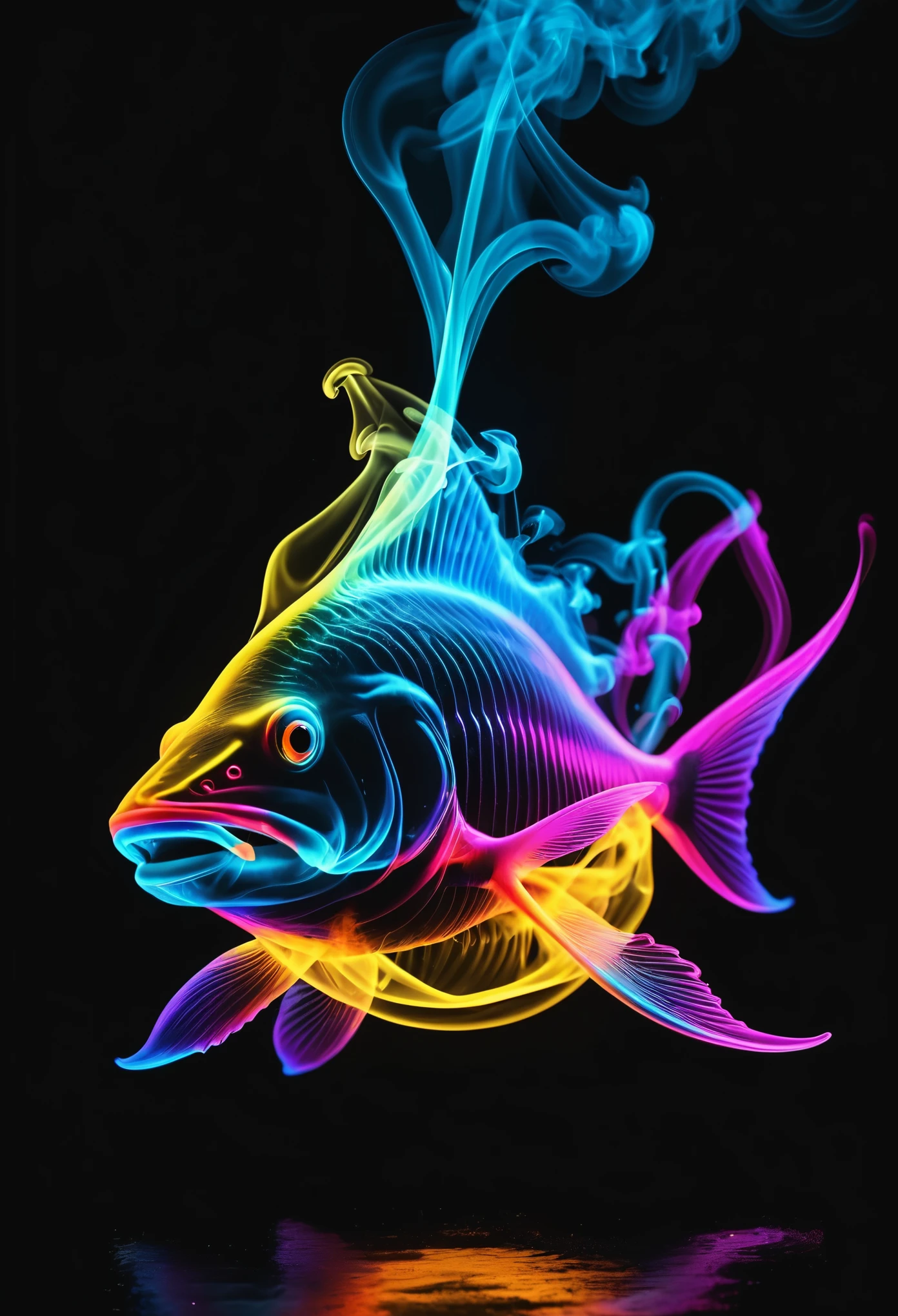 Shark made out of smoke that is colored in neon colors, center of screen, black background, high detail, 4k