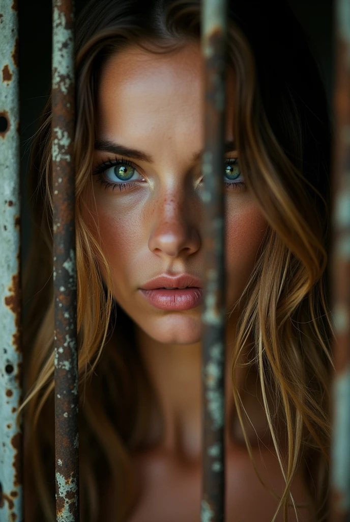 A close-up shot captures the defiant spirit of a stunning female prisoner, her long hair tangled amidst the metal grates of her cell door. Her piercing green eyes flash with determination as she gazes directly at the camera, soft focus and warm lighting highlighting her porcelain skin and full lips. The rusty bars of her cell door create a striking contrast in the background, a testament to her unyielding resolve.