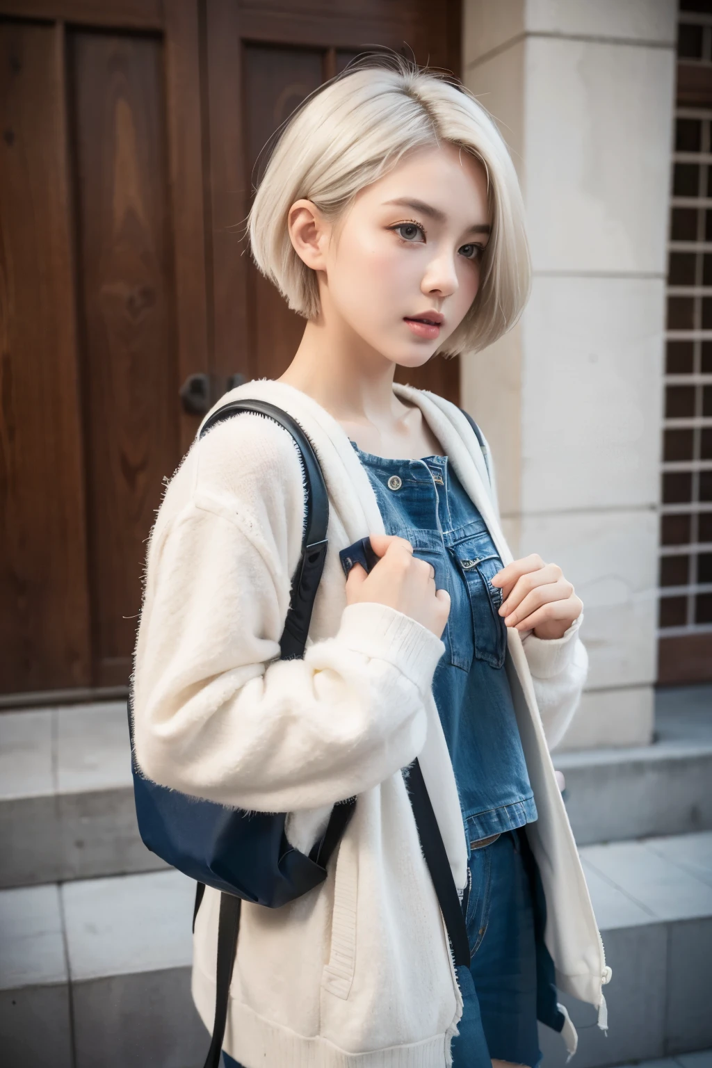 Girl, Short white hair, uptown girl, casual wear, masterpiece, high res, ultra detailed, super beautiful girl, sweet girl, carrying a small backpack, on the University, front view