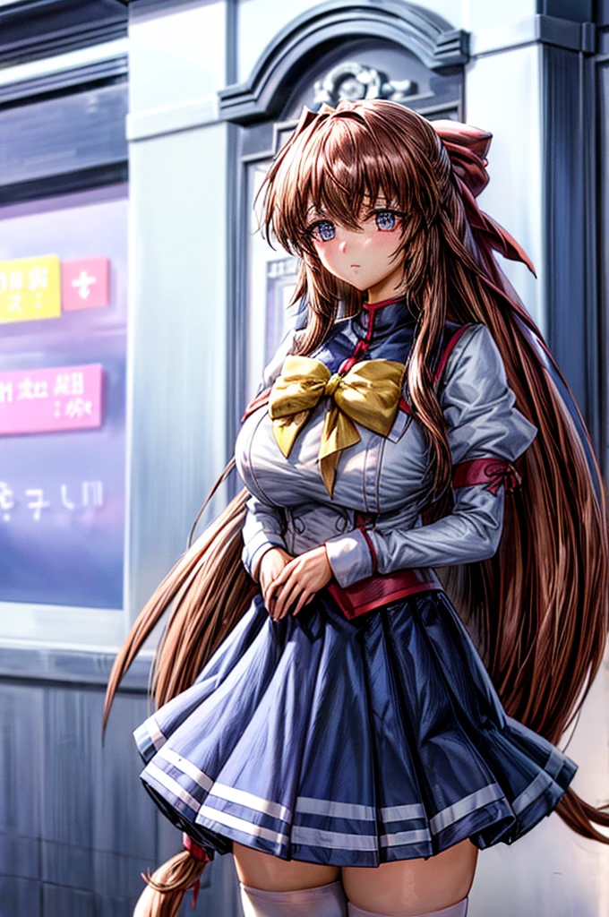 aoikan, hair bow, school uniform, long sleeves, bowtie, blue skirt, white thighhighs, She is standing at a suburban Japanese street, there is a big black man behind him