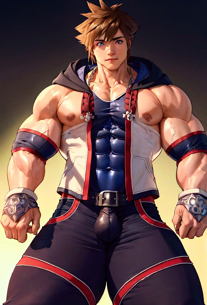 (masterpiece, Highest quality:1.2), Cowboy Shot, alone, Men&#39;s Center, One boy, sky \(Kingdom hearts\),Muscular body, Hall々A muscular body, Hall々A clean-cut appearance, Muscular arms, Muscular legs, only a main part, Trapezoidal fuselage, Rugged body, Muscular body, Round and fleshy pectoral muscles, Defined Abs, Defined Weapons, defined legs, Flex your muscles and laugh, View your viewers, Arms crossed, Hooded jacket, Huge penis,Big cock