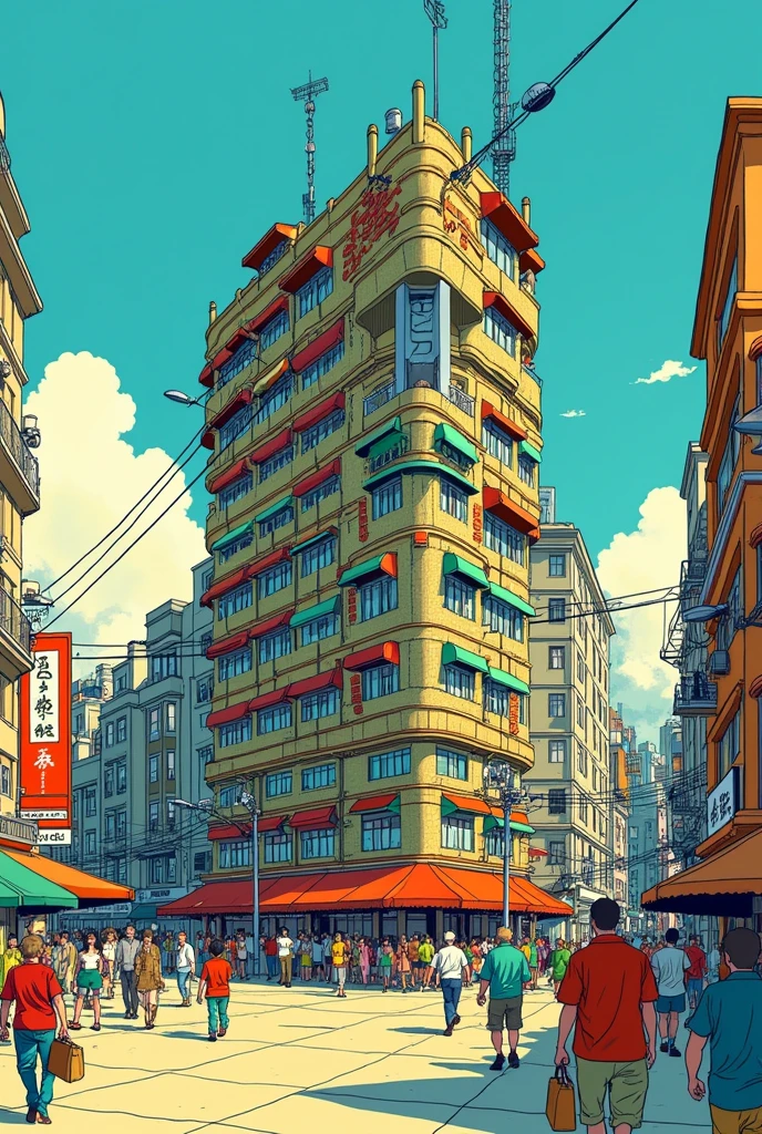 detailed, vibrant illustration of a Tokyo building, by Herge, in the style of Tin-Tin comics, vibrant colors, detailed, lots of people, sunny day