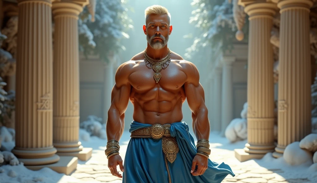 (man:1.5),1 man,male, muscle, 1 chico, muscle, pectoral, muscular, Mature man, 35 years,1 man,macho man,perfect body,an extremely delicate and beautiful detailed face,((by rubio,cute hairstyle,short by rubio)),(((blonde very short beard, blonde very short beard))), (((blue_eyes:1.3))),Intricate eyes,beautiful detailed eyes,symmetrical eyes,perfect face, cute hairstyle,perfect proportions, thick, ((detailed face)),macho man, (male Caucasian Prince),Prince, (((shiny skin:1.5,tanned skin,shiny skin: 1.5,tanned skin,shiny skin,very shiny skin,shiny body))),powerful,heroic,NSFW, Caucasian,elegant, (open to that, arabic fashion,Arab of that, Cowboys,White shirt, Masculine traits, modern style,Arabic clothing),(((blue toga, blue toga suit, wearing a blue toga:1.3,arab blue toga))),(arabic jewelry,Intricate necklace),((bulge in pants)),(((Intricate outfit,Intricate clothes,embellished suit))), (dynamic pose:1.0),ashamed,(centered,Scale to fit dimensions,rule of thirds), inside,interior,((room in a greek temple:1.3,columns of a greek temple:1.3)),scenery:1.25,((Intricate scenery)),((winter decorations)), (Bright winter decorations),High resolution,sharp focus,(ultra detailed,extremely detailed),(photorealistic artwork:1.37),(extremely detailed CG unity 8k wallpaper),(((vibrant colors,vibrant theme))),(Intricate),(masterpiece),(Best Quality),
