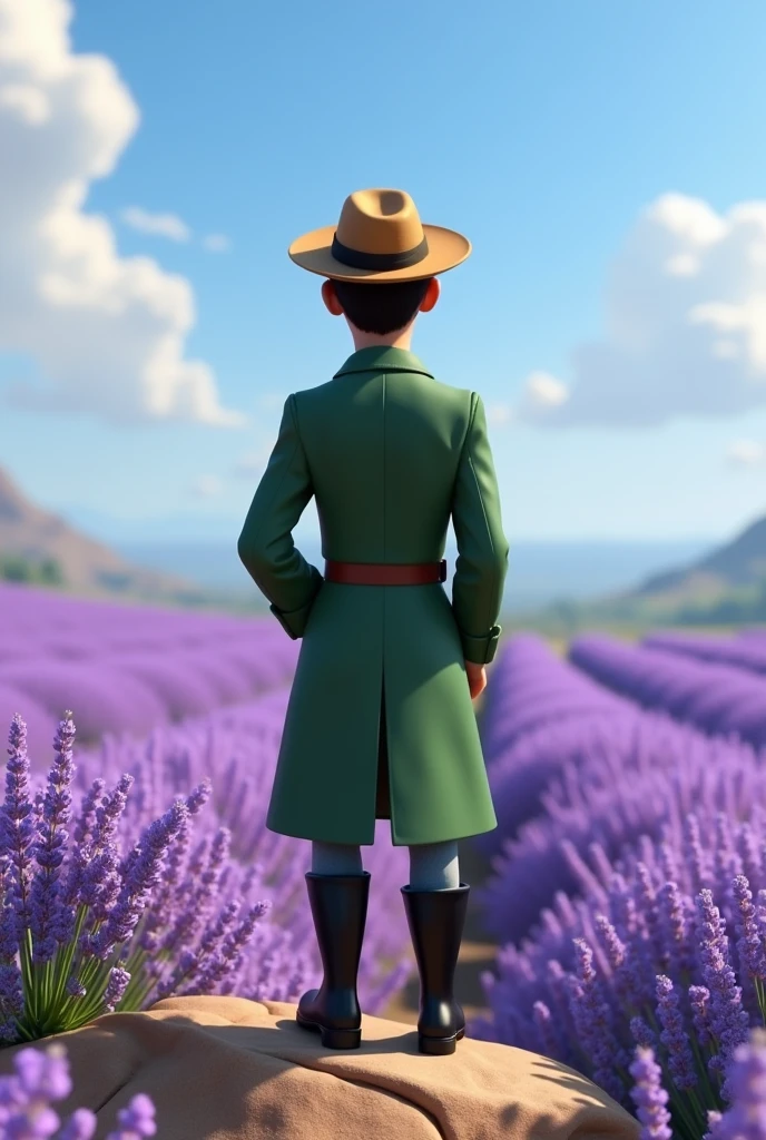 A 3d animation character from behind. From the 1900s. Wearing a long vintage green jacket. Male Age of 30s. Pixar style. Standing in a top of small mountain. Looking to a large land of lavender flowers. Wearing a long black boots. Journalist. Flat hat. Cartoon Disney style.