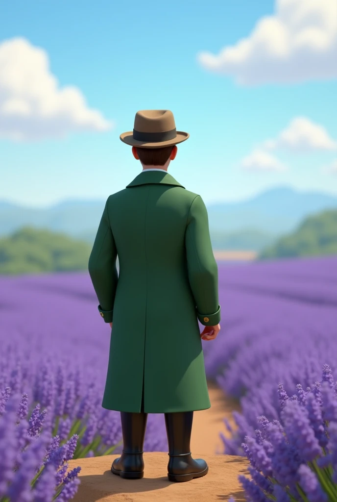 A 3d animation character from behind. From the 1900s. Wearing a long vintage green jacket. Male Age of 30s. Pixar style. Standing in a top of small mountain. Looking to a large land of lavender flowers. Wearing a long black boots. Journalist. Flat hat. Cartoon Disney style.