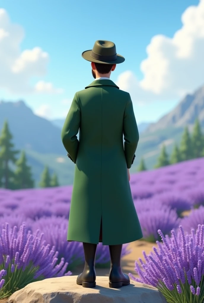 A 3d animation character from behind. From the 1900s. Wearing a long vintage green jacket. Male Age of 30s. Pixar style. Standing in a top of small mountain. Looking to a large land of lavender flowers. Wearing a long black boots. Journalist. Flat hat. Cartoon Disney style.