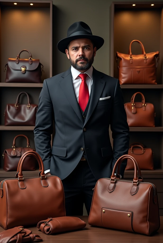 salesman　Leather Handbags　Red tie　In a suit　Black Hat　Dark temperament　