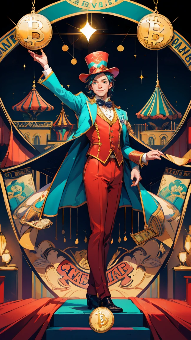 A vibrant and lively scene featuring a charismatic ringmaster performing in a circus. The ringmaster is dressed in an elegant teal and gold suit, smiling confidently as he juggles cards featuring Bitcoin and Ethereum symbols. The stage is set under a grand circus tent with bright lights and an audience in the background. Stacks of Bitcoin coins are placed on the ground around the ringmaster, adding to the grandeur of the performance. Replace the ringmaster character with a beautiful, cute girl while maintaining the same vibrant and lively style, ensuring the new character has similarly styled clothing and a confident pose to fit seamlessly into the scene. The background, lighting, and overall color scheme should remain exactly the same, preserving the festive and dynamic feel of the image