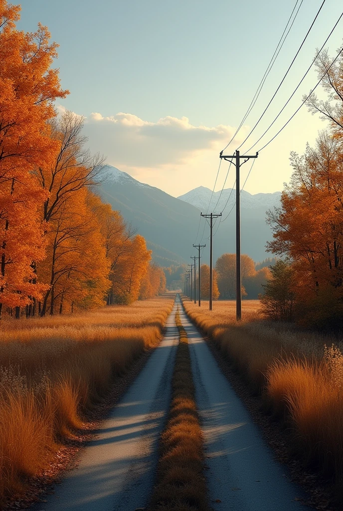 autumn glade　A road runs through the middle of the lot, and the lot itself is covered with tall weeds.　evening　There is a telephone pole　You can see the mountains in the background