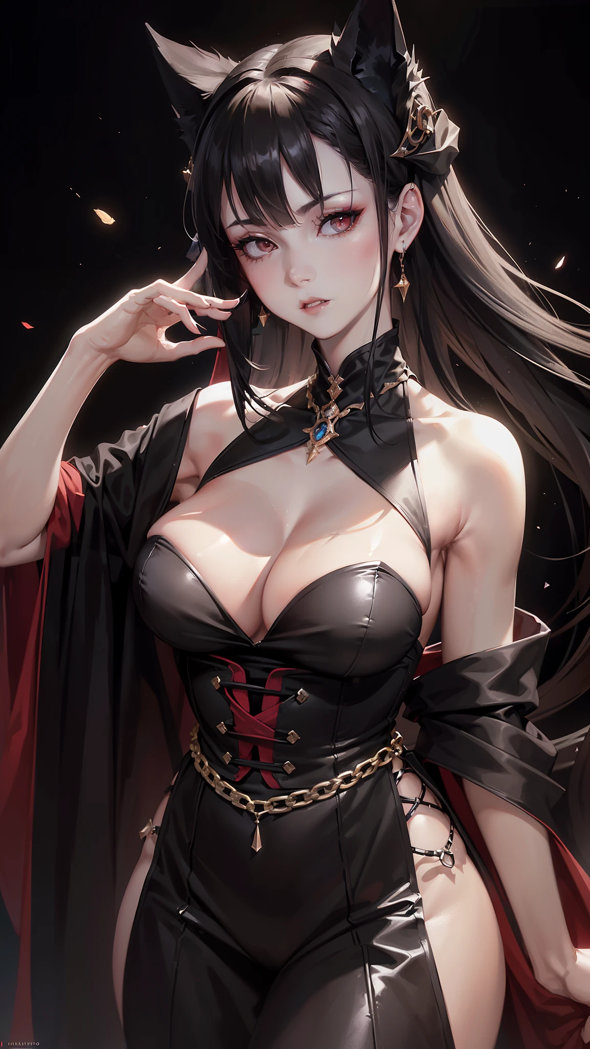 (NSFW), Large and full breasts, (High quality: 1.3), Cinematic shots, Masterpiece, (Sharp focus: 1.5), (Realistic: 1.3), Medium portrait (Beautiful young vampire woman, Pale skin, Gothic, Still proud and brave, Wearing a very finely crafted dark tunic that accentuates her figure, Her straight black short bob hair falling elegantly around her face, Her dark look exudes an air of mystery and allure, The scene takes place in a dark atmosphere with sculpting shapes using sharp chiaroscuro, It's night with highly detailed skin and a detailed face, The background is equally