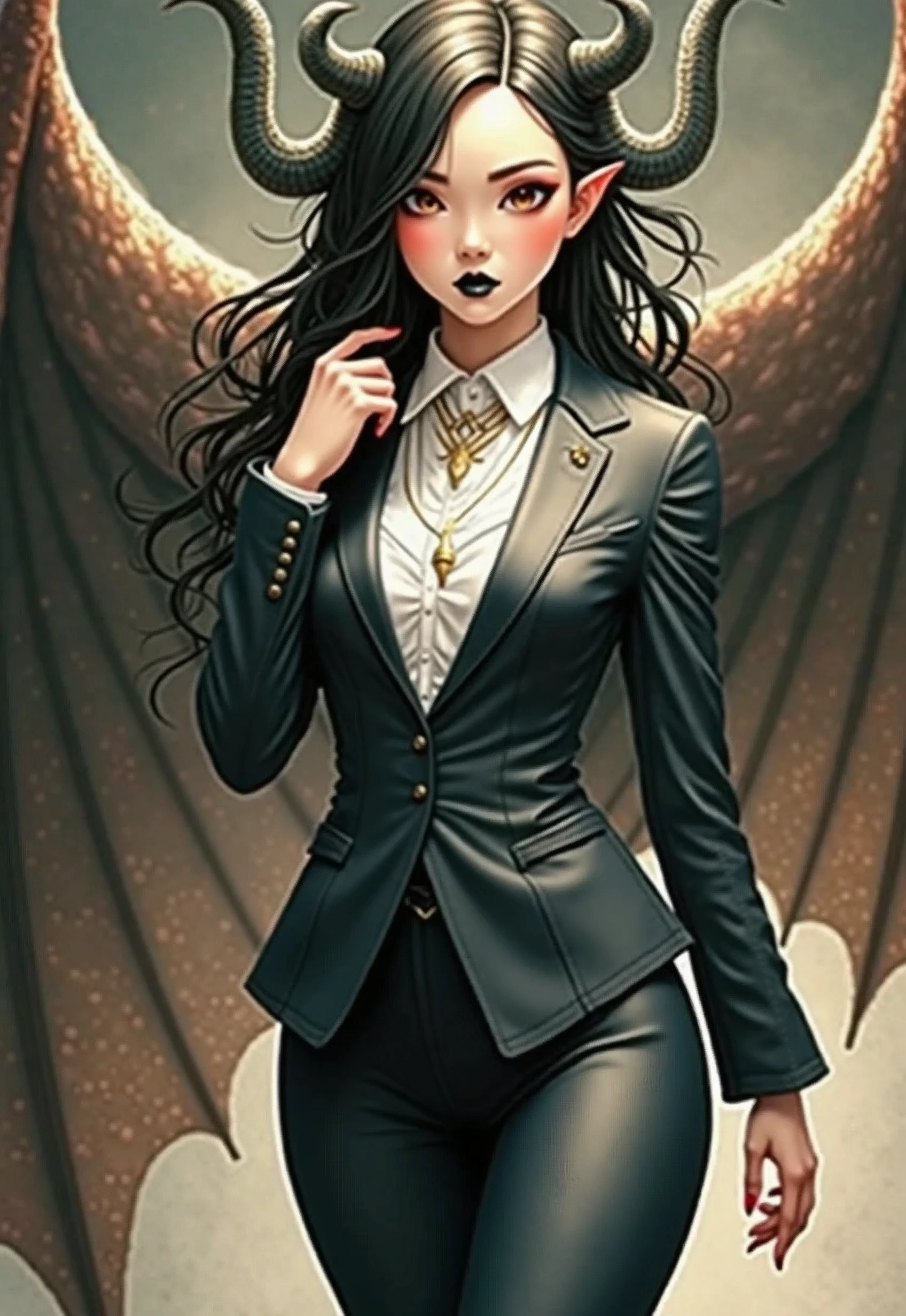 Very detailed,(Realistic,photoRealistic,photo-Realistic:1.37),Long black hair, deep black lips, Her skin is a captivating shade of fiery red, Exudes a devilish charm. Full body portrait、A pair of majestic demon wings gracefully grow from her back., Intricately detailed and intricately painted patterns. On her head, She has enchanted tiefling horns, Embodying her other-dimensional existence. The artwork should capture her captivating aura., Showing her confidence and strength. Project dramatic shadows and highlights. The color palette should evoke a sense of darkness and desire., Rich black contrast tones, red, deep chestnut color.That&#39;s horrible