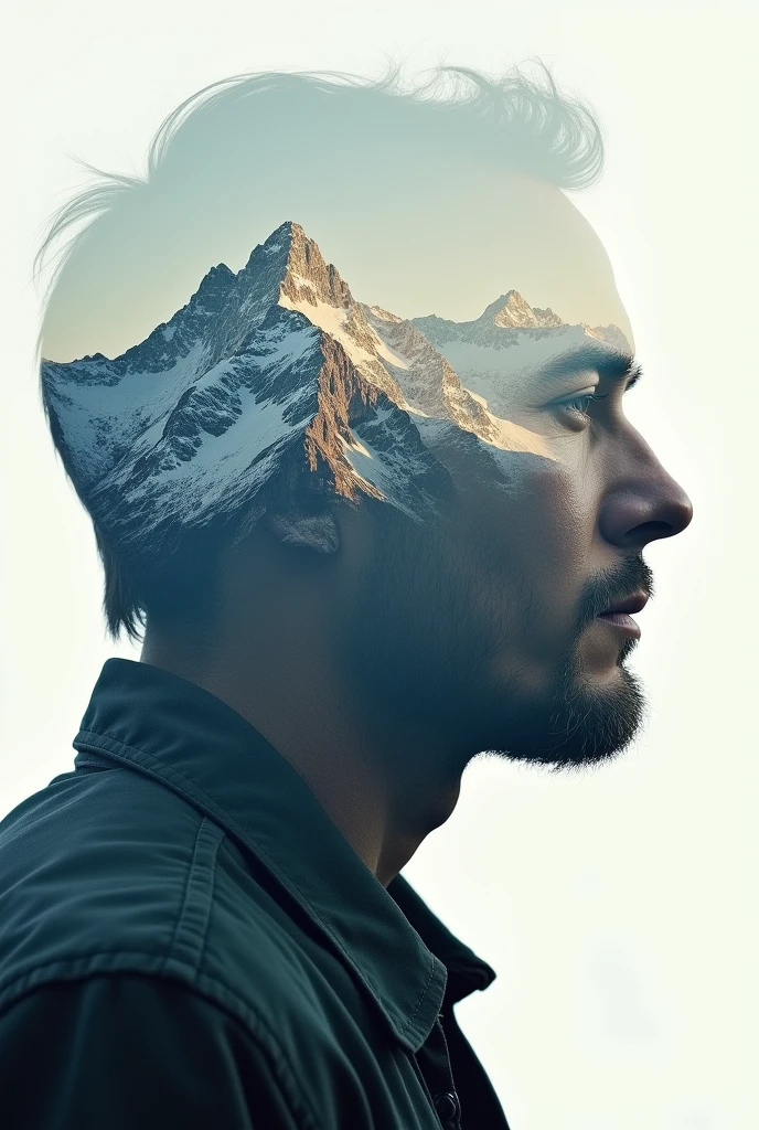 Double Exposure Man and Mountain Echoes, Whispered Features, Land's Legacy, integrating the majestic peaks of mountains with the subtle nuances of a portrait, evoking the legacy of the land within the human spirit, reminiscent of Galen Rowell, Annie Leibovitz, and Dorothea Lange.