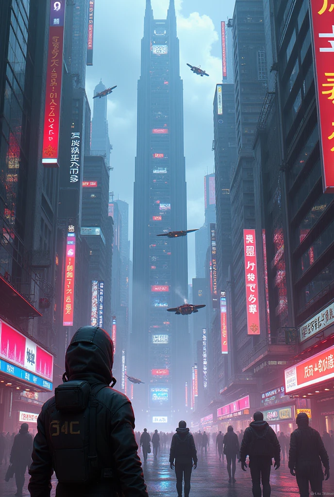 A futuristic cityscape bathed in neon lights, with towering skyscrapers and flying vehicles. The streets are crowded with people wearing advanced, high-tech outfits. The atmosphere is gritty, with a mix of rain and steam rising from the ground, reflecting the vibrant colors of the neon signs.