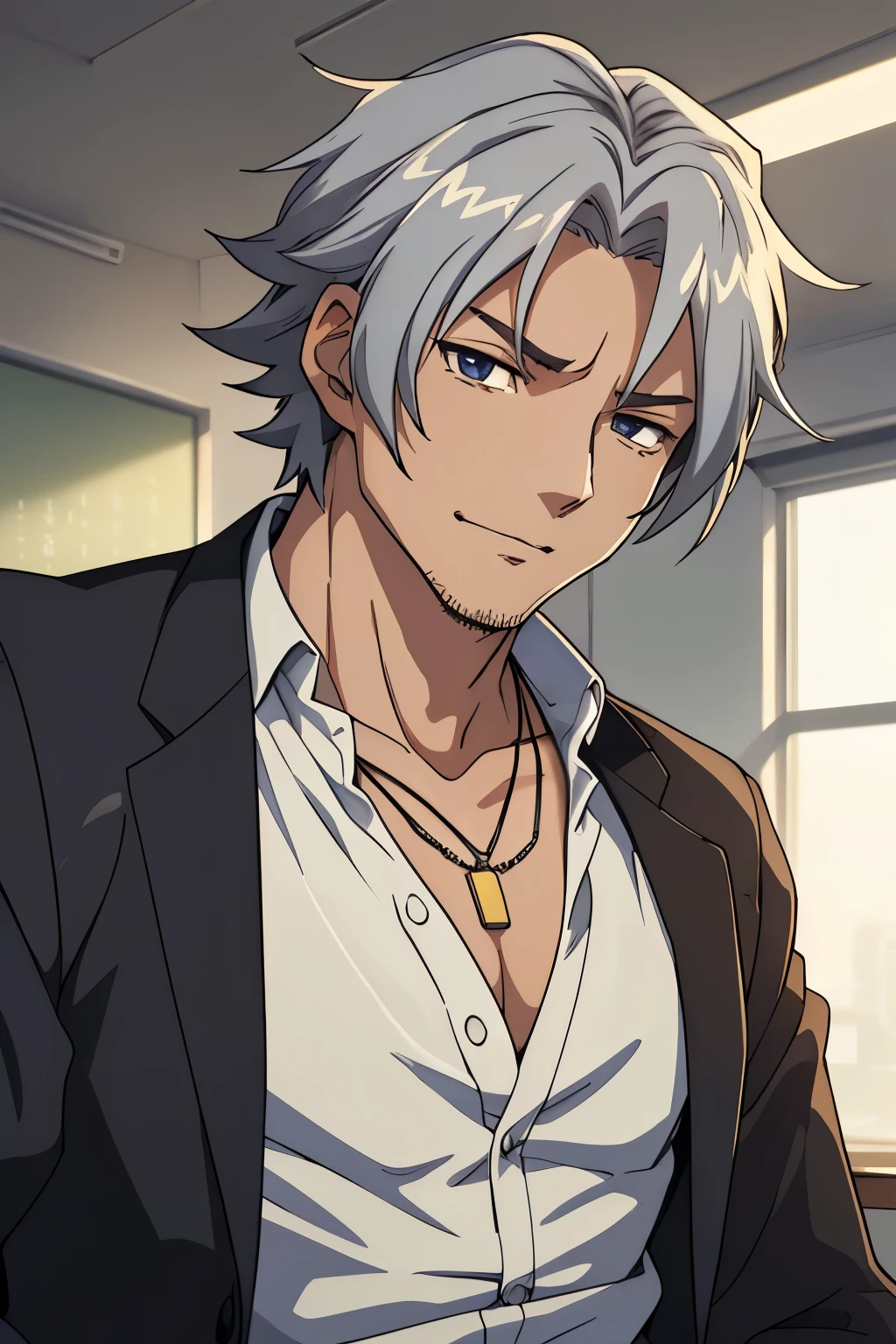 (((masterpiece、Anime Style、high resolution、high quality、Delicate、Ultra-high resolution、８ｋ)))Japanese men、６５age、Gray Hair、elder、Wrinkles、Black suit、WhiteＹshirt、accessories、necklace、classroom