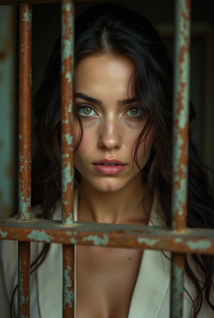 A close-up shot captures the defiant spirit of a stunning female prisoner, her long hair tangled amidst the metal grates of her cell door. Her piercing green eyes flash with determination as she gazes directly at the camera, soft focus and warm lighting highlighting her porcelain skin and full lips. The rusty bars of her cell door create a striking contrast in the background, a testament to her unyielding resolve.The beauty of Japanese kimono