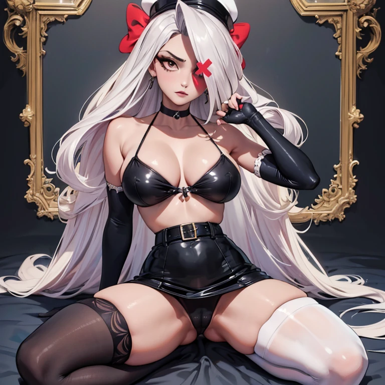 vaggie, (((an x in the eye))) ((gray skin))((corps entier 5.5, plan large 2.5)),kneeling on bed doggy style, suggestive pose(masterpiece, best quality:1.4), absurdres, highres, ultra detailed, beautiful, (secretary), (perfect face, detailed face, beautiful:1.3),(natural breasts, cleavage), collarbone, fingerless gloves, gloves,spaghetti strap top, black pencil skirt, tight, over the knee skirt, hat, elegant secretary outfit, thighhighs, thick thighs, thighs, multiple belts, More detailed 8K.motor irreal:1.4,UHD,La mejor calidad:1.4, fotorrealista:1.4, textura de la piel:1.4, obra maestra:1.8,obra-prima, mejor calidad,objeto Objeto], (detailed face features:1.3),(manos detailed)