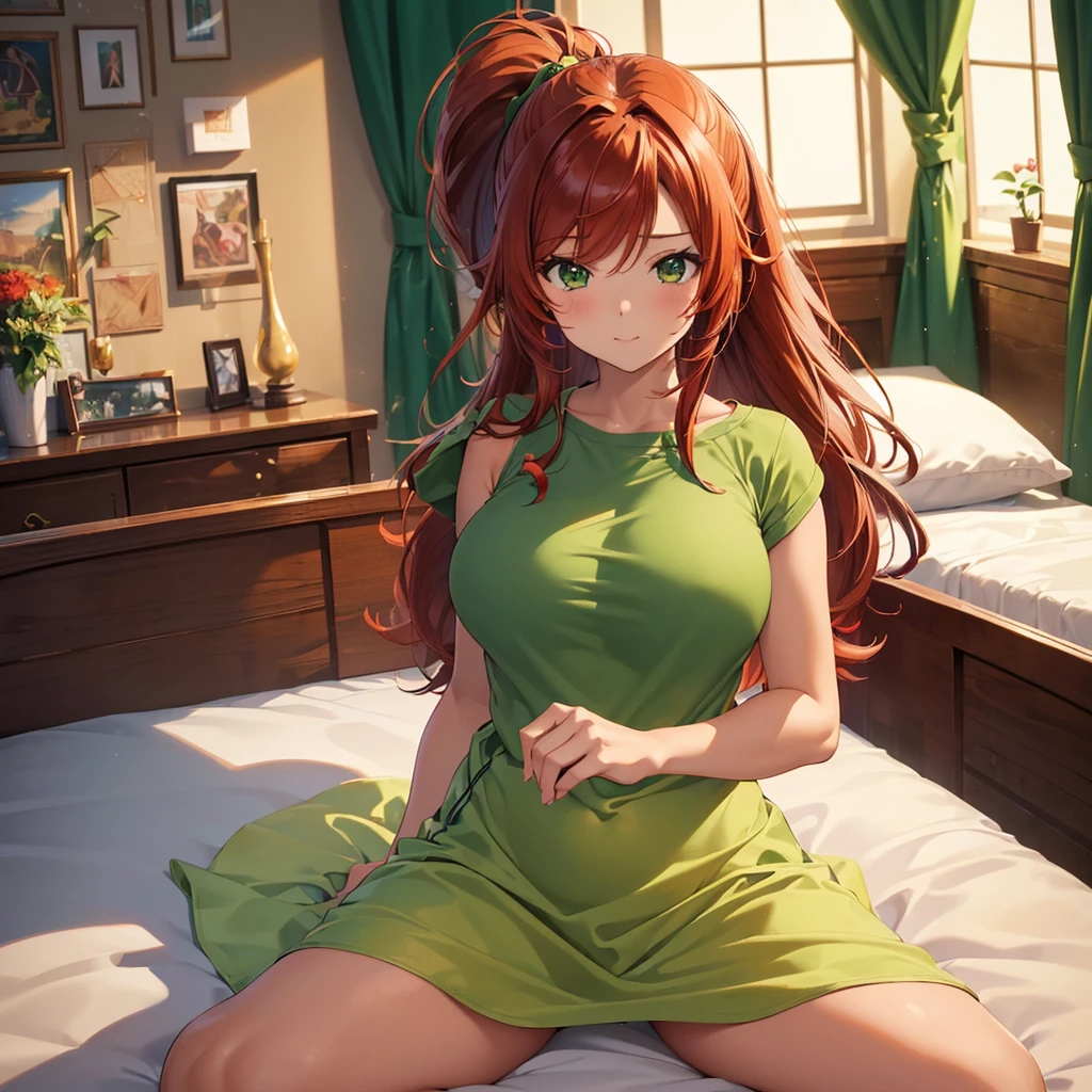 ((masterpiece)), ((best quality)), (((cute))), ((extremely detailed)), ((anime coloring)), 4K, (8K), full body shot, (pov), a cute anime Female in her 20s, solo, (tan:1.5), (beautiful red hair:1.4), (green tareme:1.4), ponytail, (curvy), night, bedroom, on the bed
