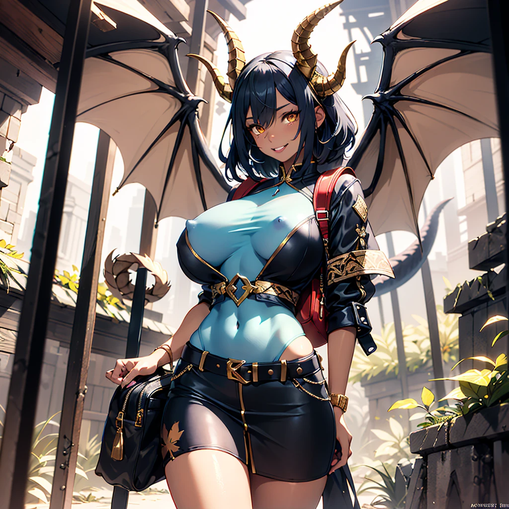 ((best quality)), ((masterpiece)), (detailed), 1 draconian-woman, 8k_wallpaper, extremely detailed eyes, (large masterpiece digital art), (intricate details:1.3 ), (ultra-detailed:1.3), (sharp focus:1.3), (natural lighting:1.05), (vivid colors:1.3), (best quality:1.4), high quality, expressive eyes, full body, detailed face, beautiful face, perfect face, ((hair sandy white curls)), (dragon dark blue horns), (gold eyes), {{dark skin}}, ({dark skinned female}), big breasts, (huge chest), strong powerfully visible muscles of the abdomen and thighs and legs, strong muscles of the arms, bold and decisive playful look of golden eyes, a predatory and vulgar smile with many fangs, she is wearing an open dark blue silk lush kimono with patterns of golden maple leaves, a white translucent cotton crop-top outlines of nipples under clothing, leather mini-shorts, lowered leather wide red belts on the waist with large yarn, a backpack with and long large dragon dark blue tail, she walks along a path against the backdrop of a dense forest and the ruins of an old castle, sunny clear day, fantasy style character concept art,