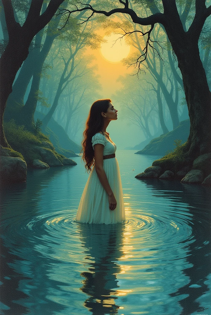 1970's dark fantasy book cover paper art of a beautiful girl in a lake, symmetric front view, dungeons and dragons style drawing