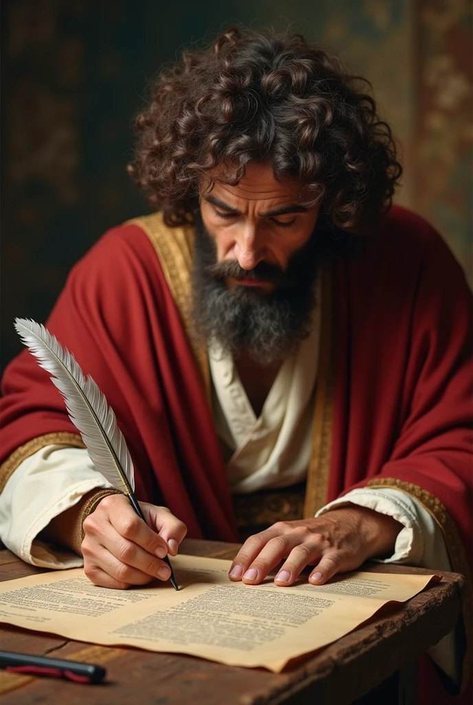 Apostle Paul writing epistles on parchment using a quill, big hair, use a more realistic image