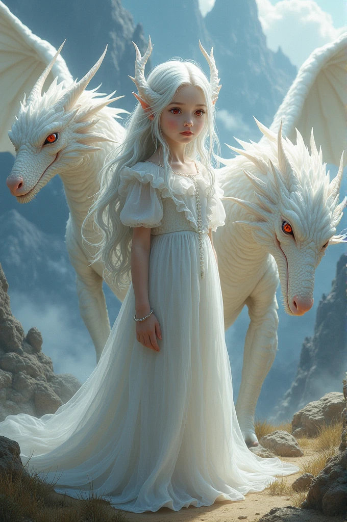 A girl with red eyes and two white dragons