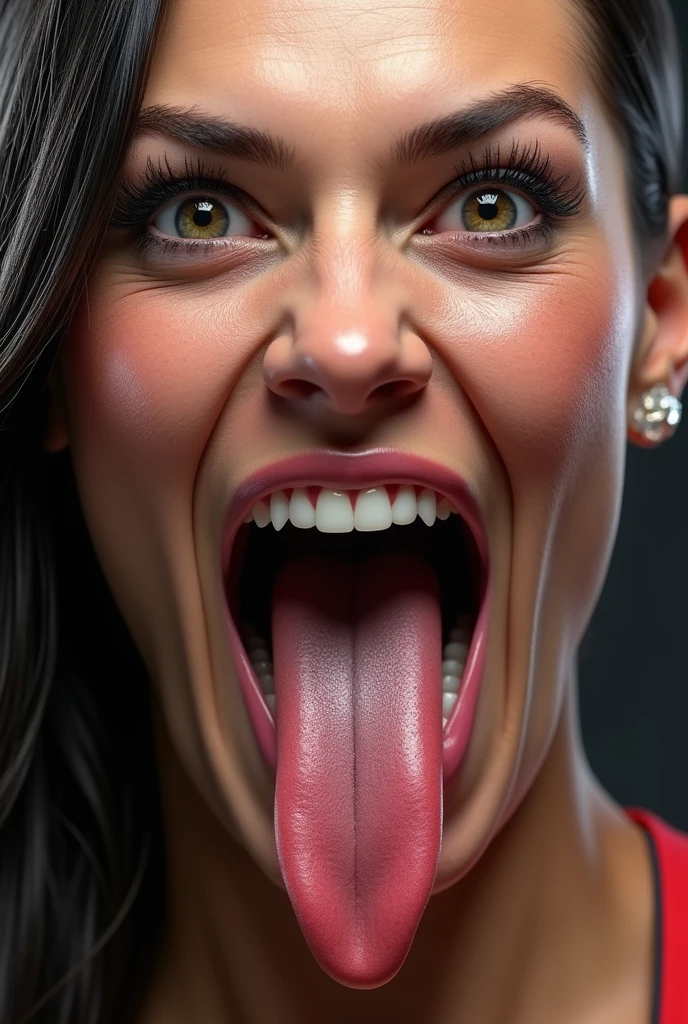 WWE Bayley, Realistic skin of the highest quality, Eyes are focused, Sticking out tongue, Focus on the mouth, Open your mouth, Long Tongue, saliva, Open your mouth wide, I can see inside the mouth, Open your mouth and Sticking out tongue, realistic fat white tongue